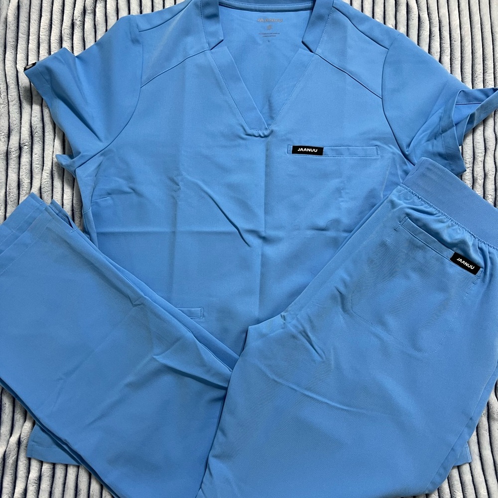 JAANUU CEIL BLUE SCRUB SET L top and L Tall pants NWOT